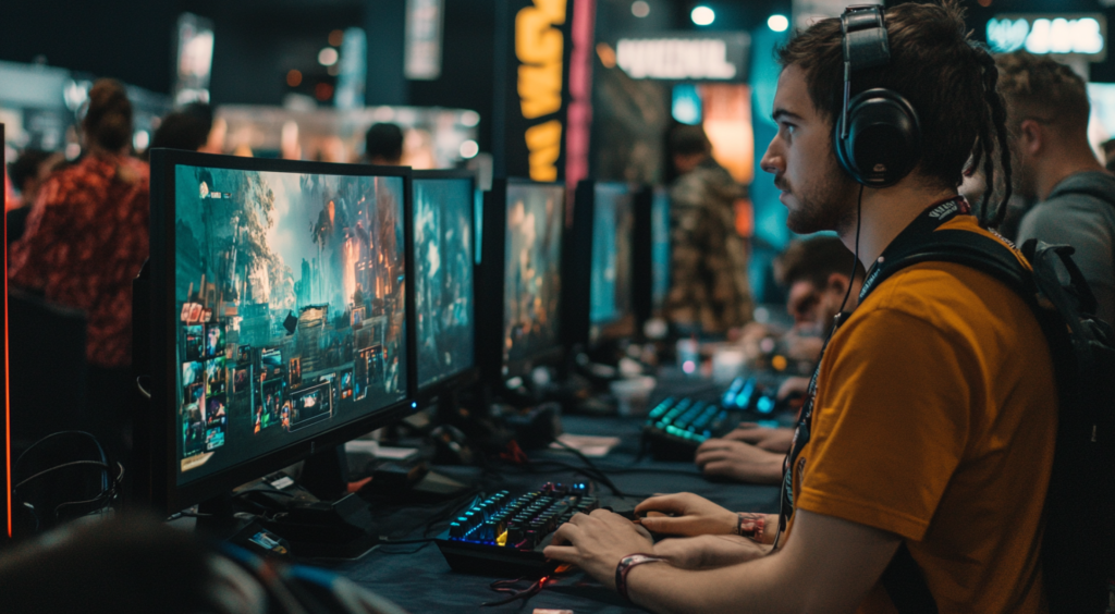 Gamers playing games during an expo.