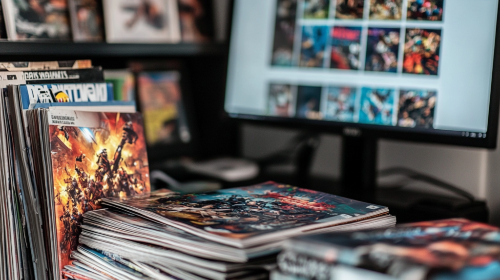 A pile of video game magazines next to a computer screen showing a video game website