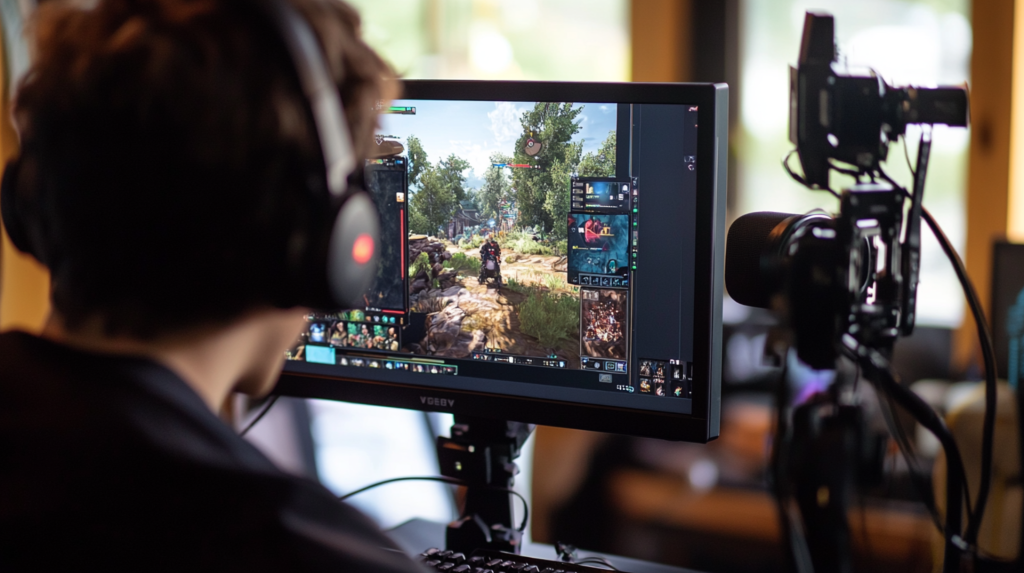 A video game streamer playing a game while recording himself on camera