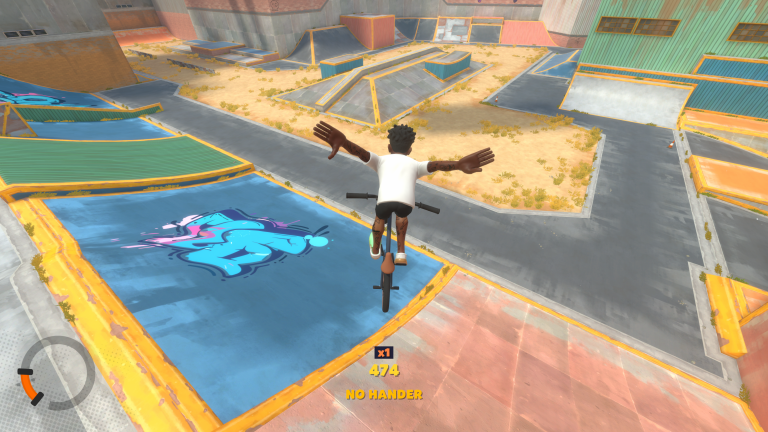 Screenshot from the action sports game Streetdog BMX featuring a BMX rider doing tricks to increase a combo meter.