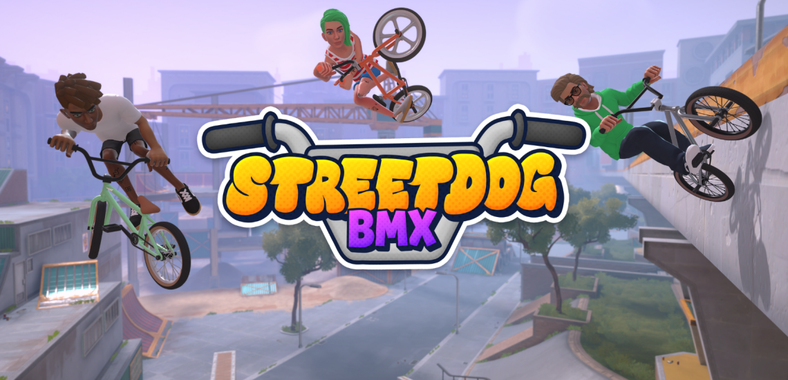 Key art for Streetdog BMX featuring three characters riding BMX bikes in an urban environment