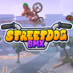 Key art for Streetdog BMX featuring three characters riding BMX bikes in an urban environment