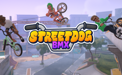 Key art for Streetdog BMX featuring three characters riding BMX bikes in an urban environment