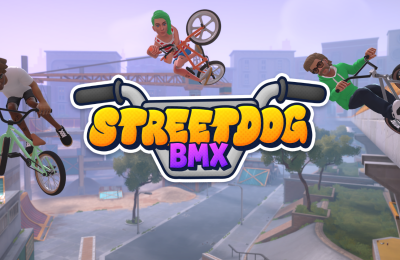 Key art for Streetdog BMX featuring three characters riding BMX bikes in an urban environment