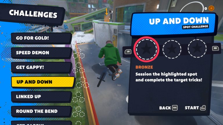 Screenshot from the action sports game Streetdog BMX featuring a list of BMX challenges that focuses on performing a series of BMX tricks.